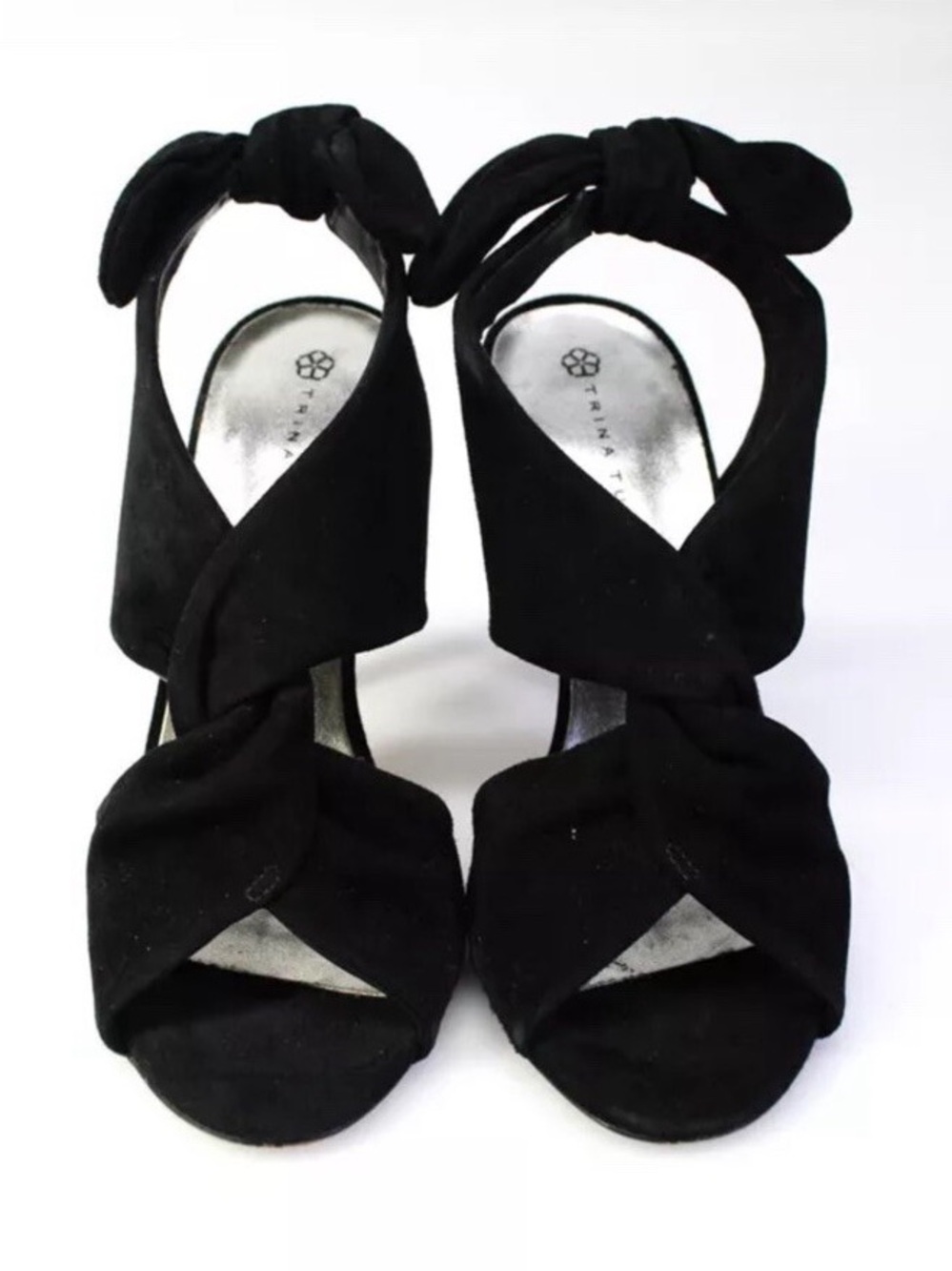 Trina Turk *Larkspur* Black Suede Knotted Stiletto Sandals Heels Sz 7.5